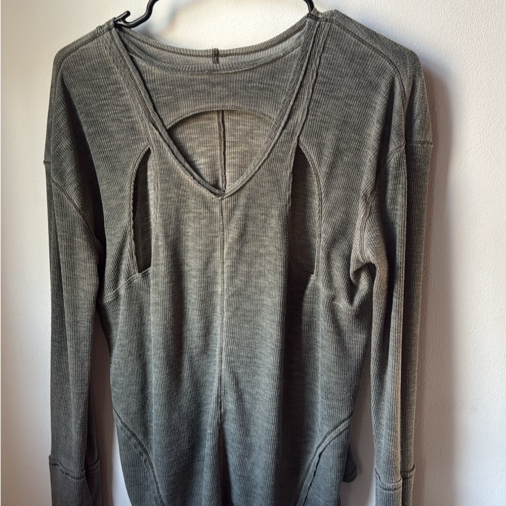 Free People Washed Gray Long Sleeve Cutout Thermal Top